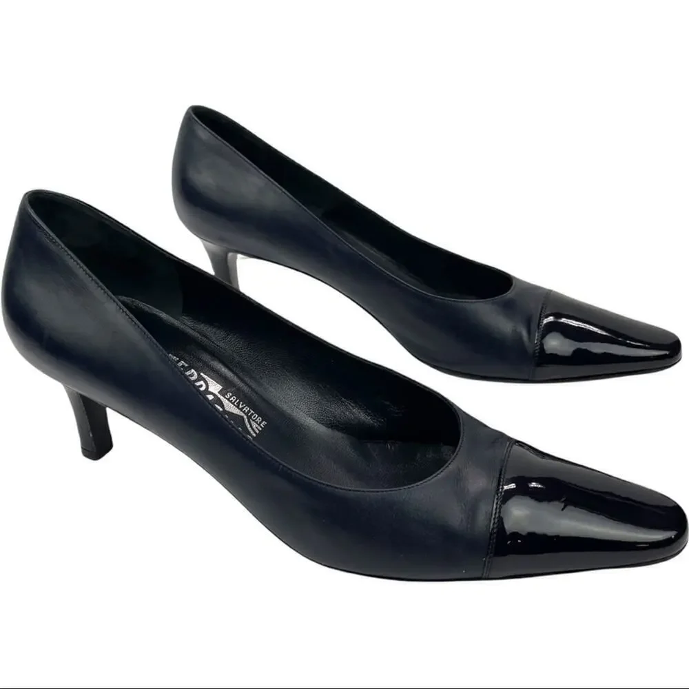 VTG Salvatore Ferragamo Navy  Dual Texture Patent Cap Toe/Leather Heels Pumps 9